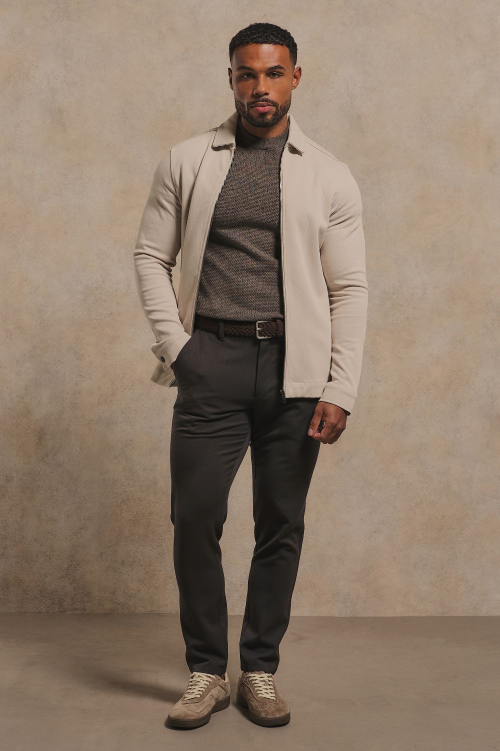Twill Jersey Zip Through Shacket in Stone