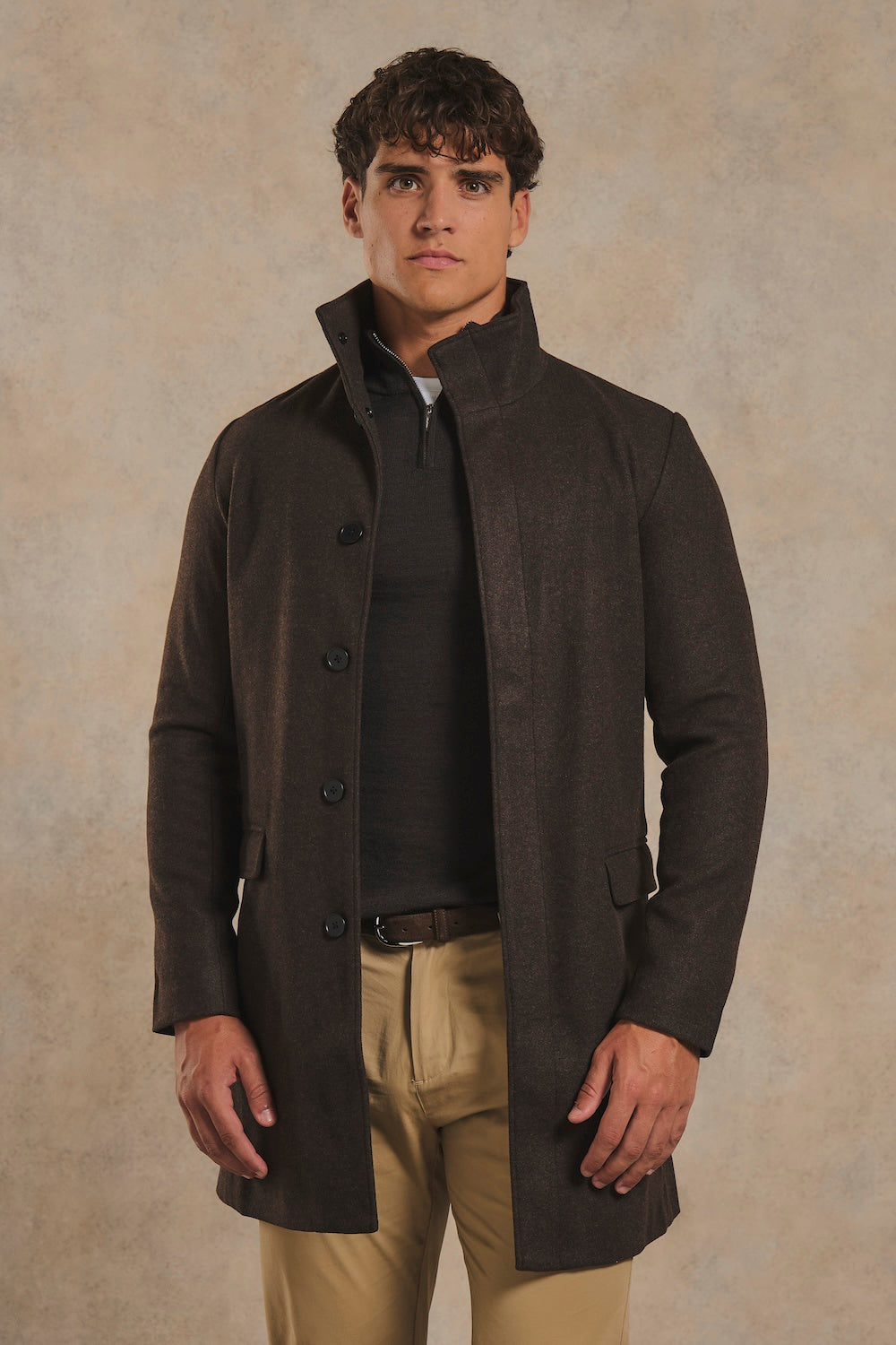 Funnel Neck Overcoat in Dark Brown