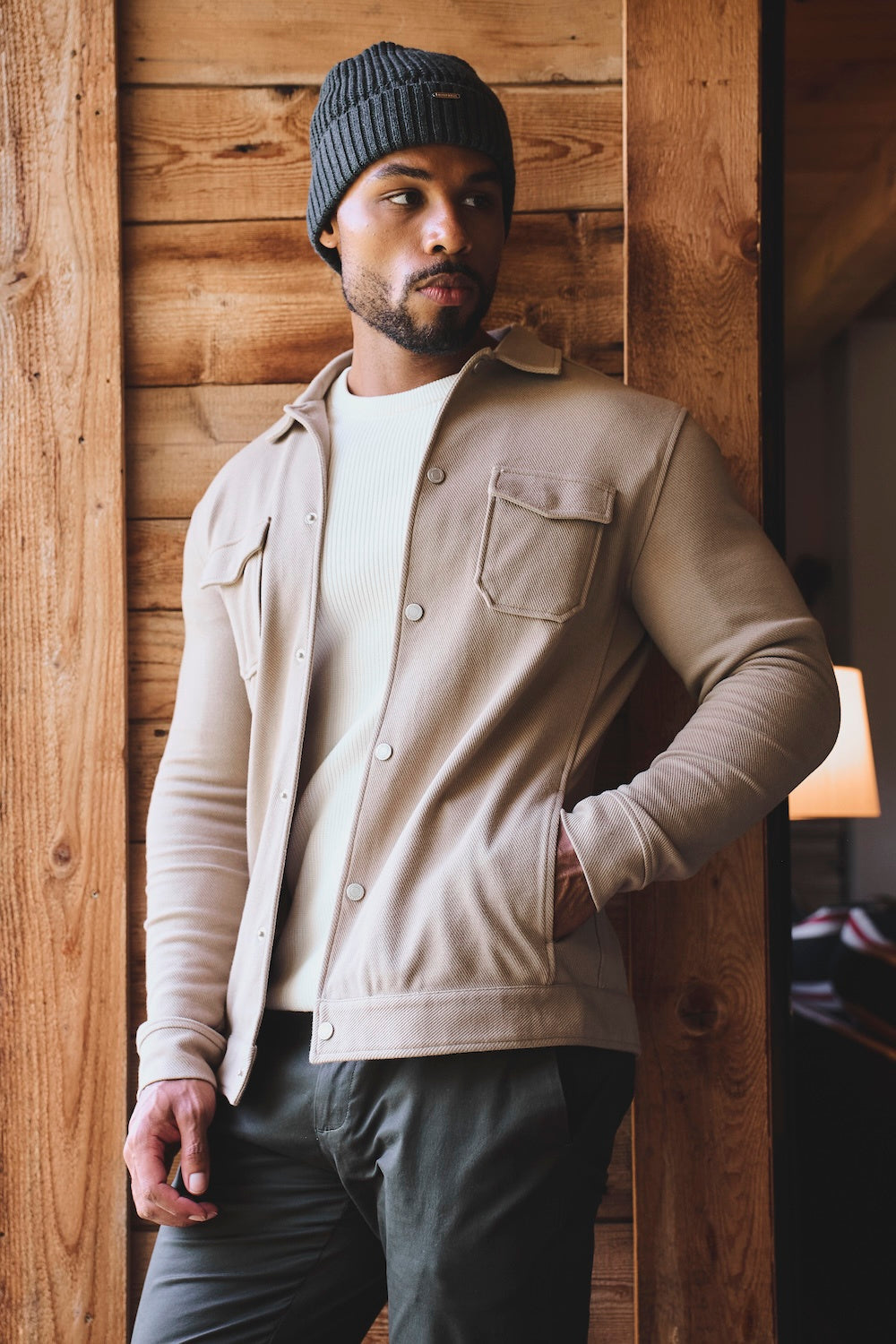 Textured Jersey Shacket in Dark Stone