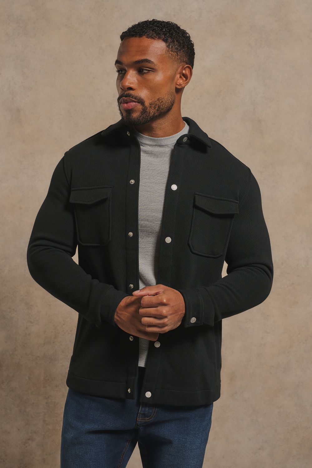 Textured Jersey Shacket in Black