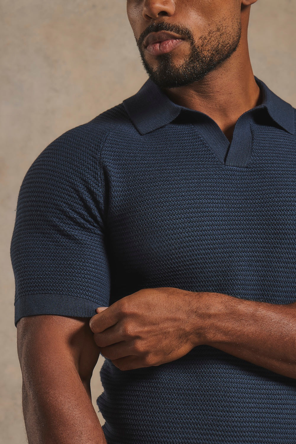 Textured Knitted Open Collar Polo Shirt in Navy