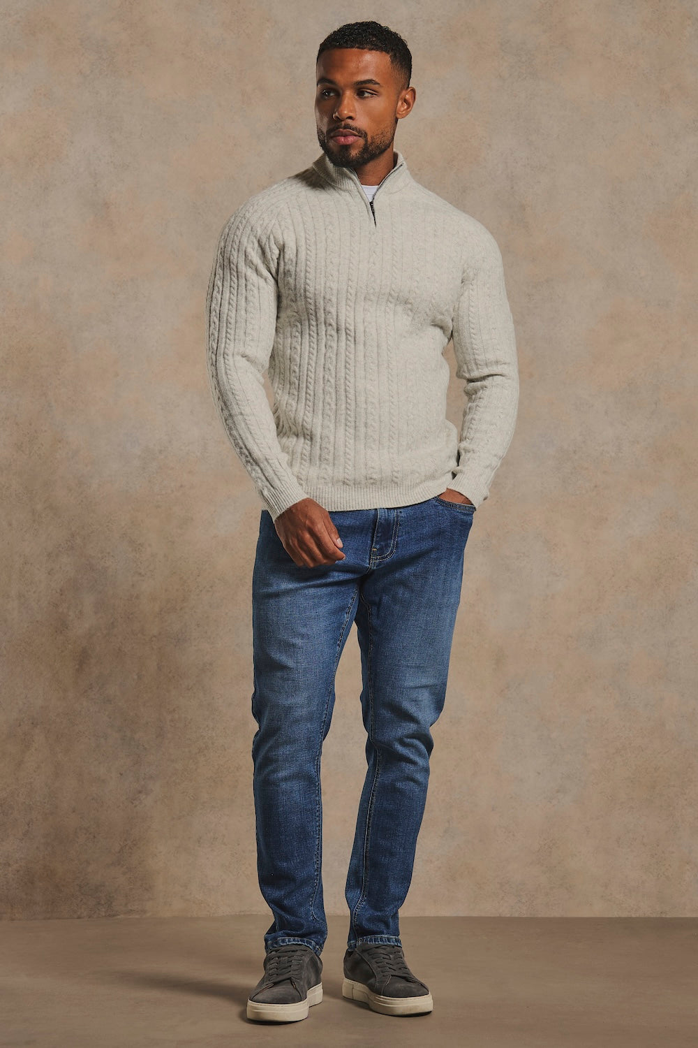 Soft Cable Half Zip Neck Jumper in Soft Grey Marl