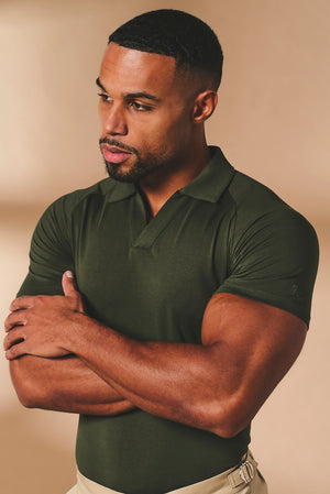 Essential Jersey Buttonless Polo Shirt in Forest Green