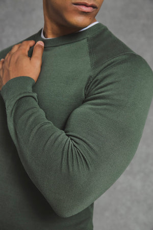 Pure Cotton Knitted Crew Neck Jumper in Khaki