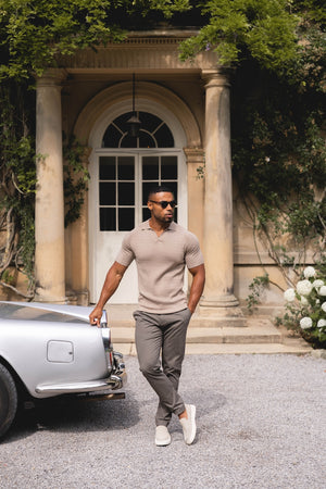 Fine Cable Knitted Polo Shirt in Stone