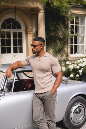 Fine Cable Knitted Polo Shirt in Stone