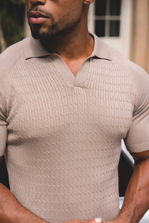 Fine Cable Knitted Polo Shirt in Stone
