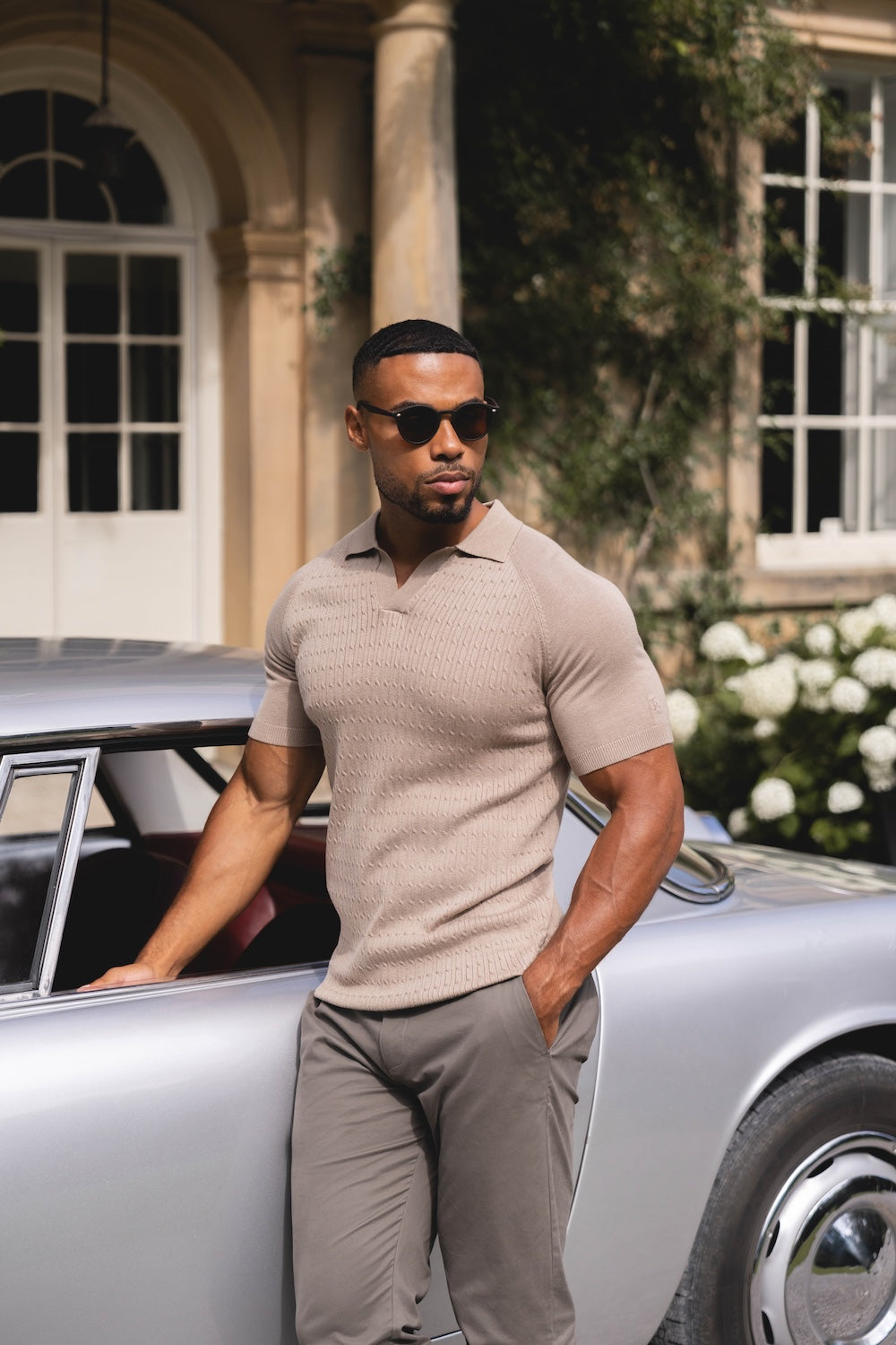 Fine Cable Knitted Polo Shirt in Stone