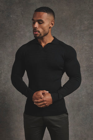 Fine Cable Knitted Polo Shirt in Black