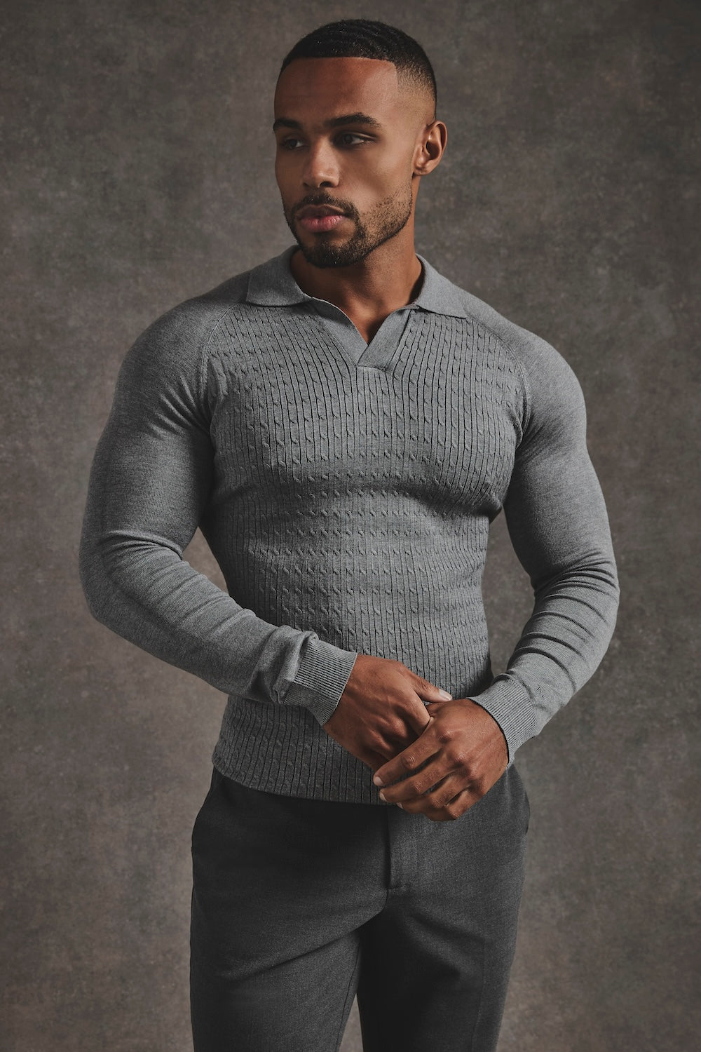 Fine Cable Knitted Polo Shirt in Grey Marl