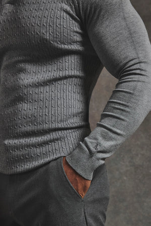 Fine Cable Knitted Polo Shirt in Grey Marl