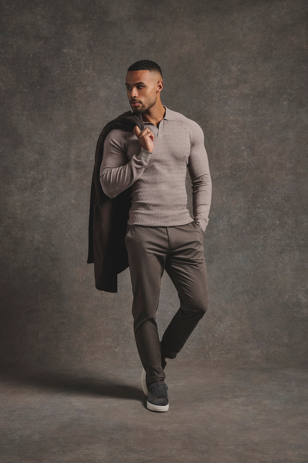 Fine Cable Knitted Polo Shirt in Neutral Marl