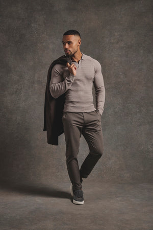 Fine Cable Knitted Polo Shirt in Neutral Marl