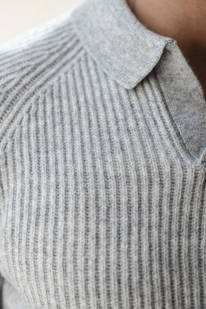 Fisherman Rib Open Collar Polo Shirt in Soft Grey Marl