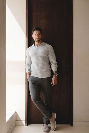 Fisherman Rib Open Collar Polo Shirt in Soft Grey Marl