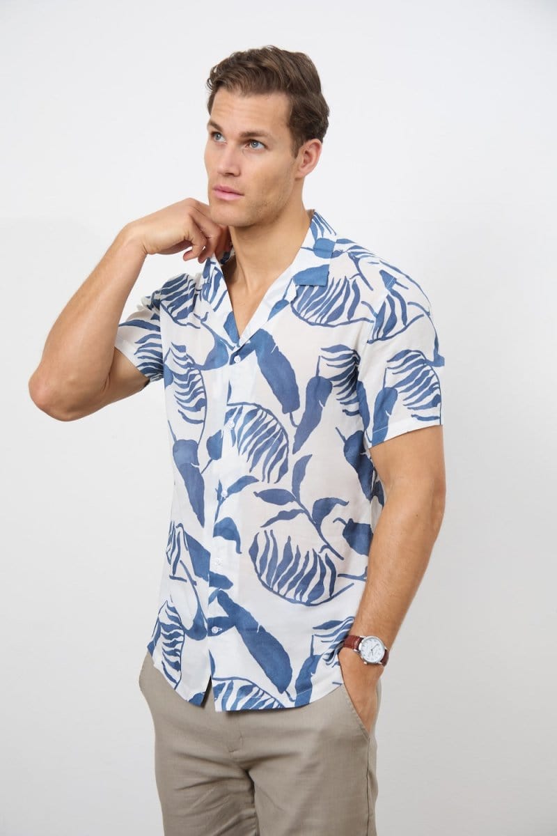 Printed Shirt in Blue Inky Leaves - TAILORED ATHLETE - ROW