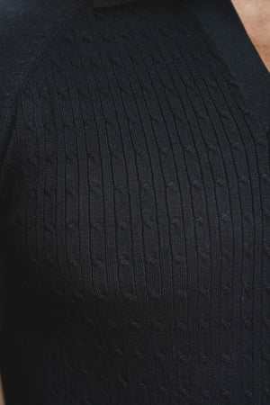 Fine Cable Knitted Polo Shirt in Black