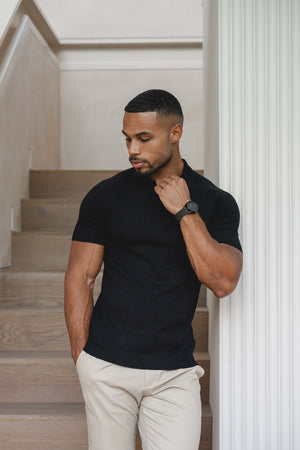 Fine Cable Knitted Polo Shirt in Black