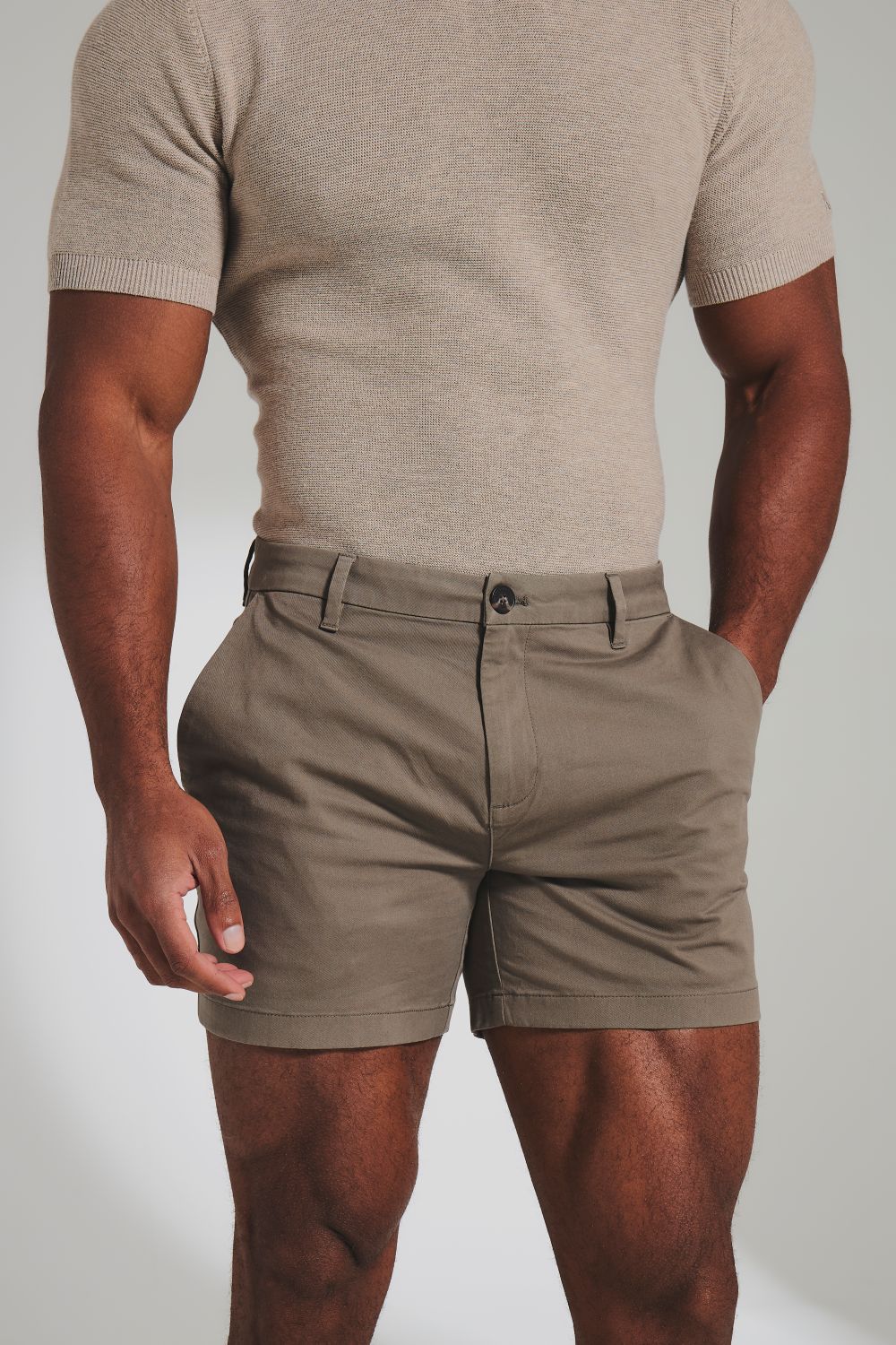 Muscle Fit Stretch Chino Shorts - Shorter Length in Dark Taupe