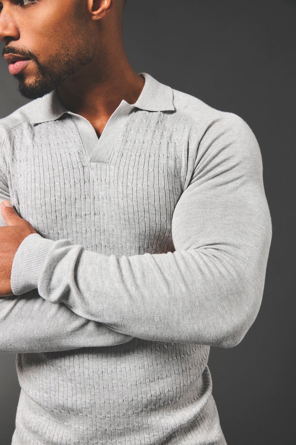 Fine Cable Knitted Polo Shirt in Light Grey Marl