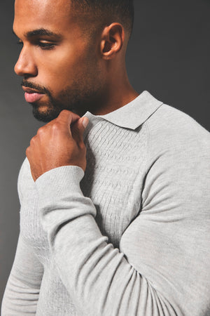 Fine Cable Knitted Polo Shirt in Light Grey Marl