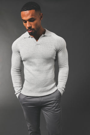 Fine Cable Knitted Polo Shirt in Light Grey Marl