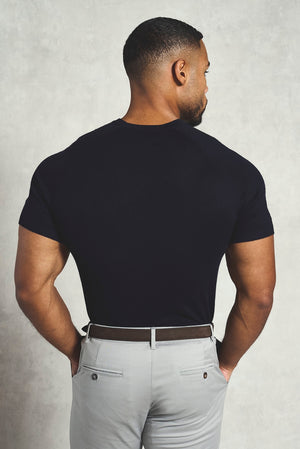 Fine Gauge Knitted T-Shirt in Inky Blue