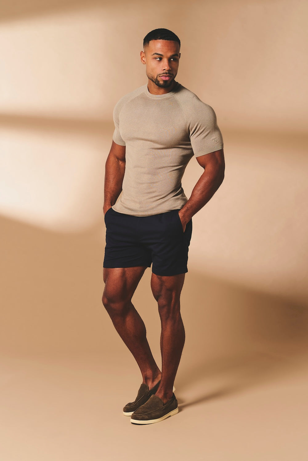 Fine Gauge Knitted T-Shirt in Stone