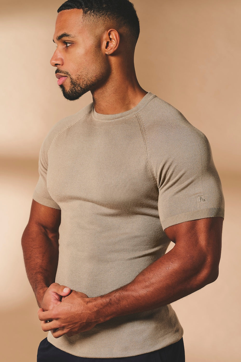 Fine Gauge Knitted T-Shirt in Stone