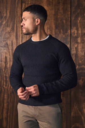Fisherman Crew Neck Jumper in Navy