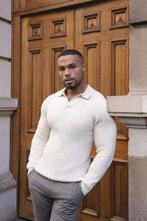 Fisherman Rib Open Collar Polo Shirt in Winter White