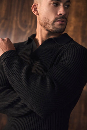 Fisherman Rib Open Collar Polo Shirt in Black