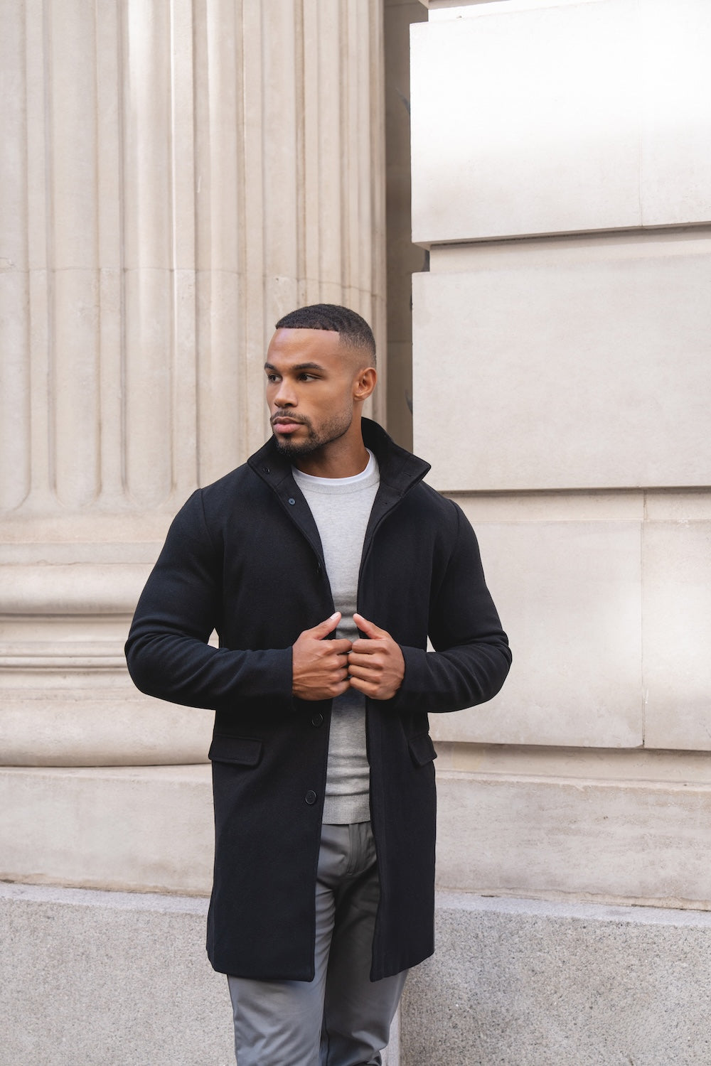 Funnel Neck Overcoat in Black
