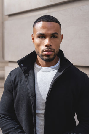 Funnel Neck Overcoat in Black