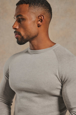 Pure Cotton Knitted Crew Neck Jumper in Soft Grey Marl