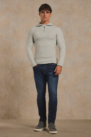 Fisherman Rib Half Zip in Soft Grey Marl