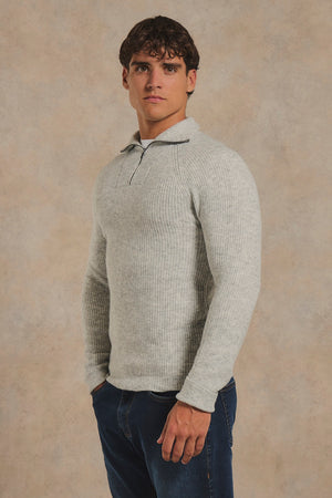 Fisherman Rib Half Zip in Soft Grey Marl