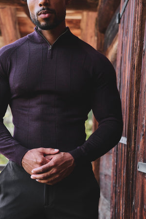 Extra Fine Merino Wool Ribbed Half Zip Neck Jumper in Dark Bordeaux