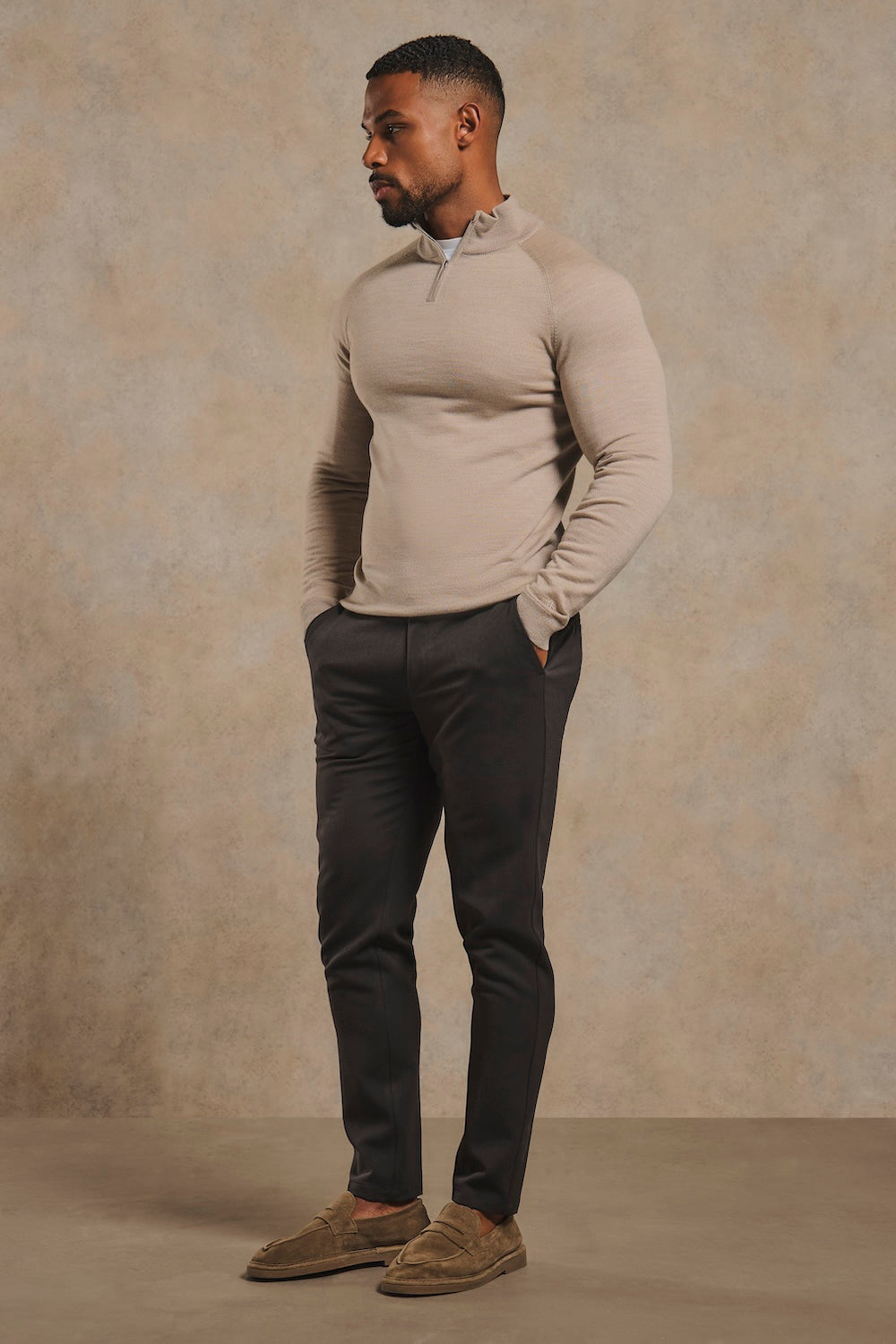 Extra Fine Merino Wool Half Zip Neck Jumper in Neutral Marl