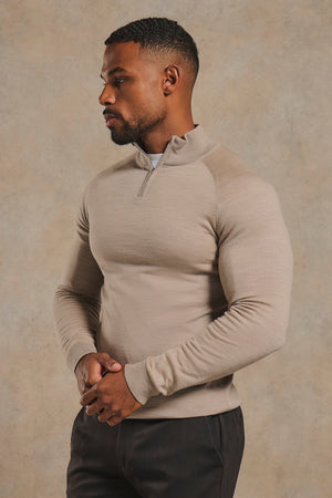 Extra Fine Merino Wool Half Zip Neck Jumper in Neutral Marl