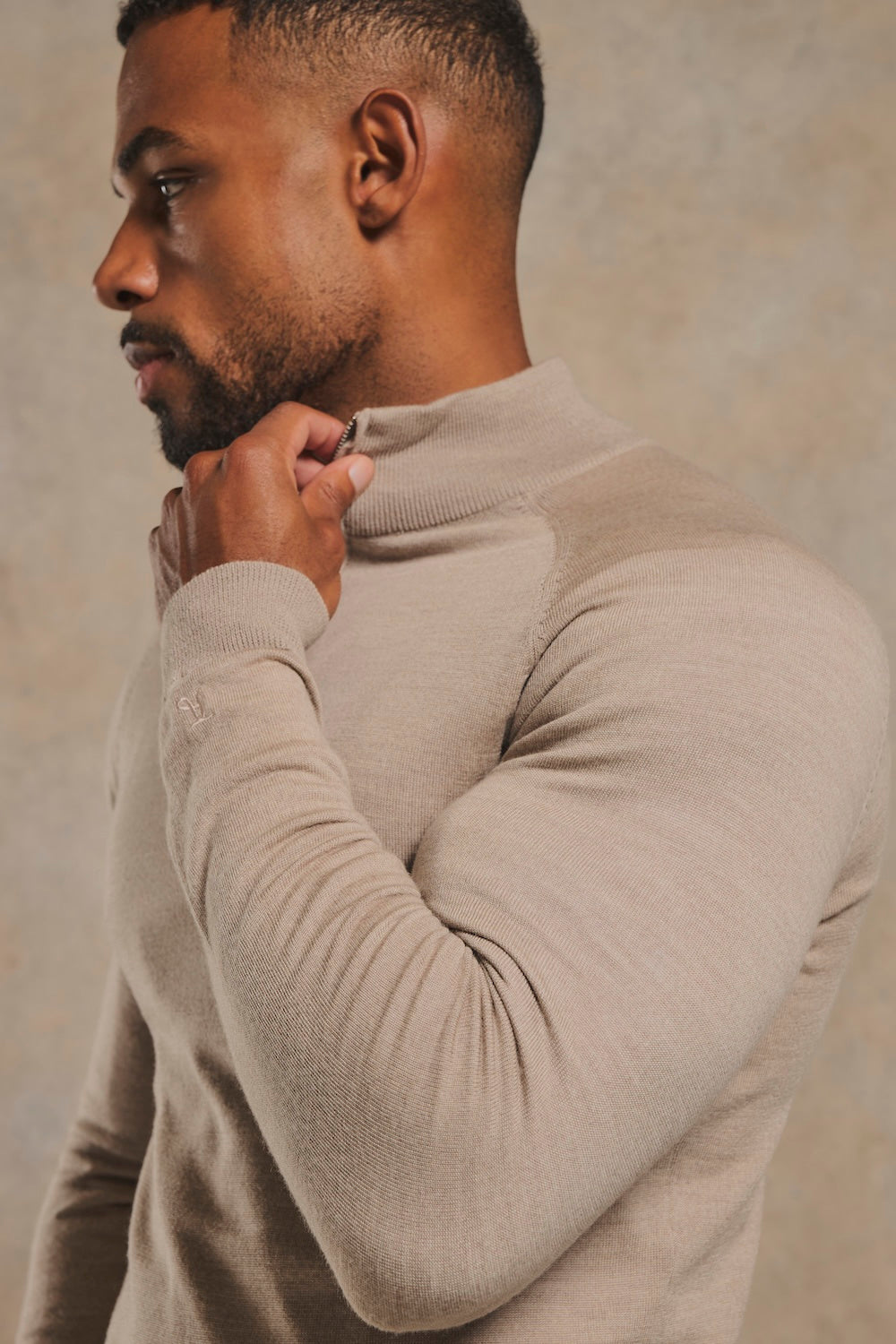 Extra Fine Merino Wool Half Zip Neck Jumper in Neutral Marl