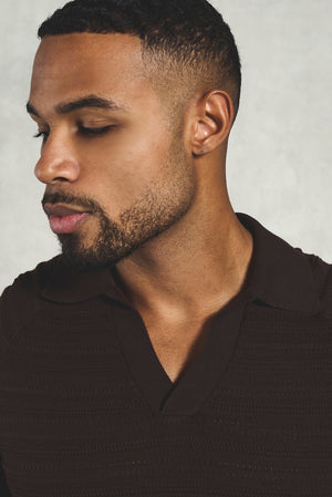 Horizontal Stripe Cotton Knitted Polo Shirt in Chocolate