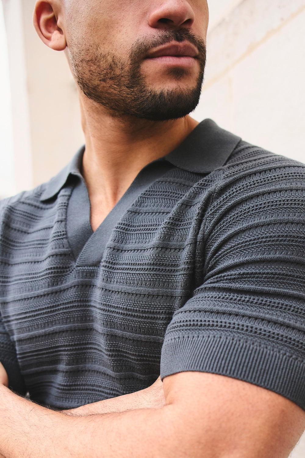 Horizontal Stripe Cotton Knitted Polo Shirt in Grey