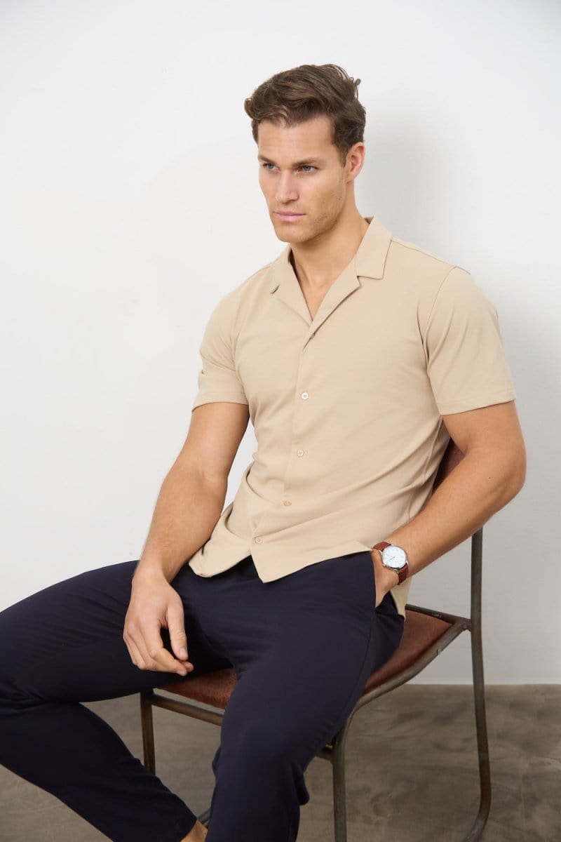 Jersey Cuban Collar Shirt in Stone - TAILORED ATHLETE - ROW