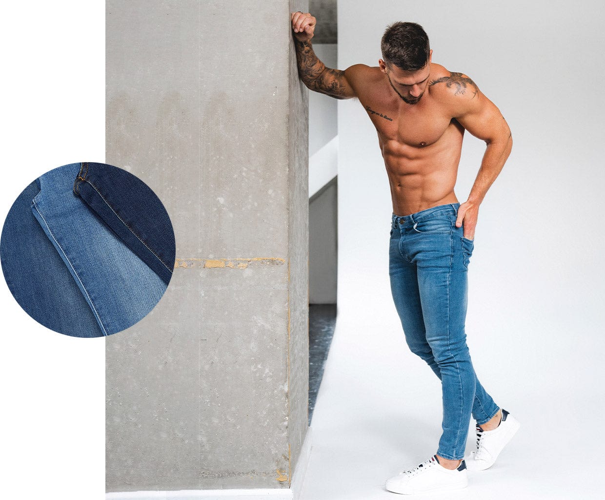 Product block image featuring stylish jeans with emphasis on design and fabric quality for casual wear