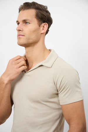 Knit Look Open Collar Polo Shirt in Stone - TAILORED ATHLETE - ROW