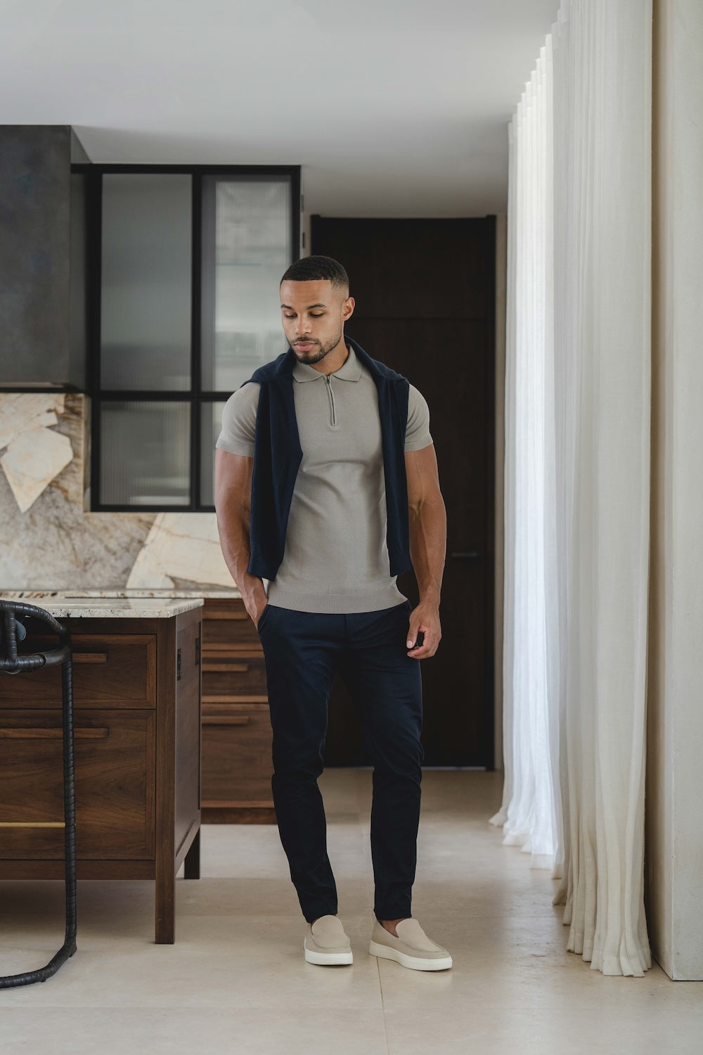 Knitted Half Zip Neck Polo in Dark Sage