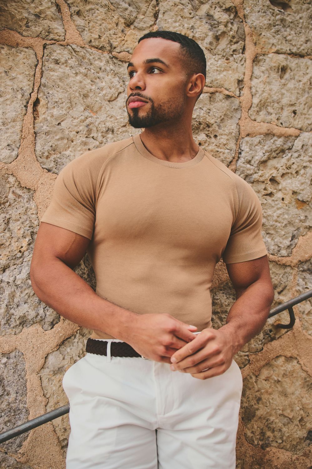 Knit Look T-Shirt in Tan