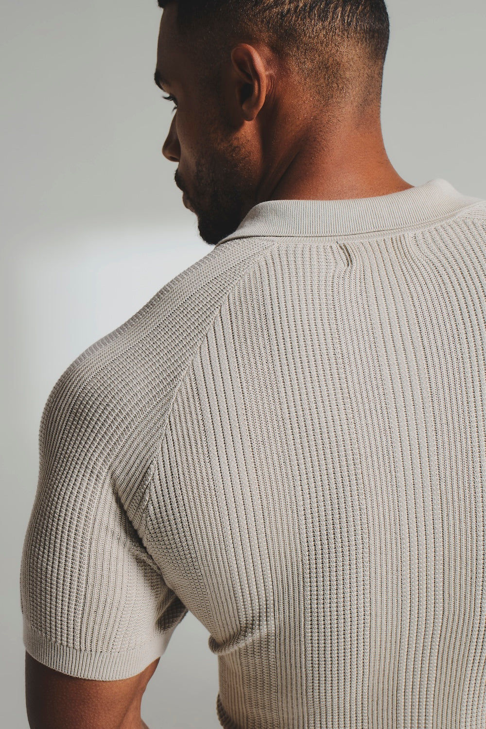 Vertical Stripe Knitted Polo Shirt in Stone