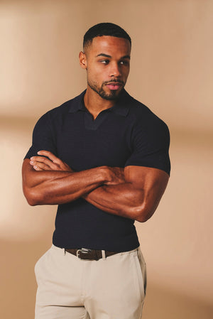 Textured Knitted Open Collar Polo Shirt in Navy